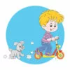 пример раскраски мальчик катается на самокате и собачка
