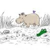 пример раскраски бегемот около водоема