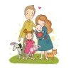 пример раскраски семья, где мама, папа, двое детей и животные