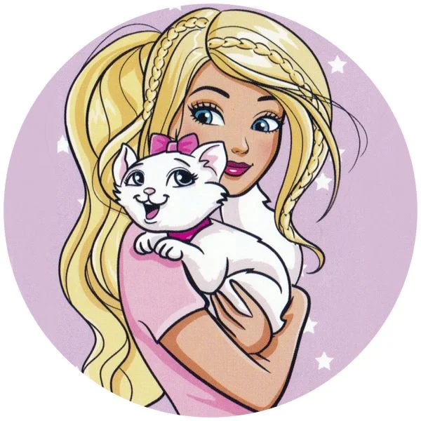 Цветной вариант раскраски барби с милой кошечкой