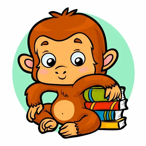 Цветной вариант раскраски обезьянка с книжками