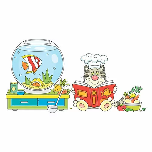 Цветной вариант раскраски кот-повар и аквариум