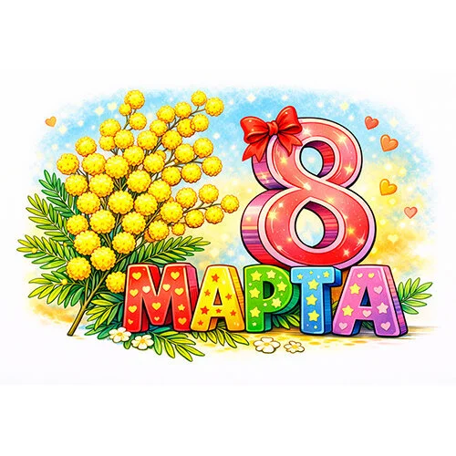 Цветной вариант раскраски 8 марта маленькая открытка