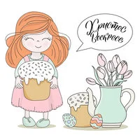 Цветной вариант раскраски девочка и кулич с яйцами на пасху