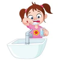 Цветной вариант раскраски девочка чистит зубы