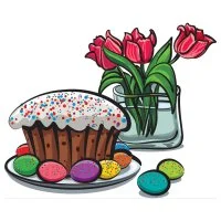 Цветной вариант раскраски кулич, яйца и цветы