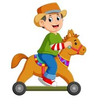 Цветной вариант раскраски мальчик на игрушечной лошадке