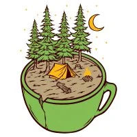 Цветной вариант раскраски теплое время года, палатка, лес и луна. лето