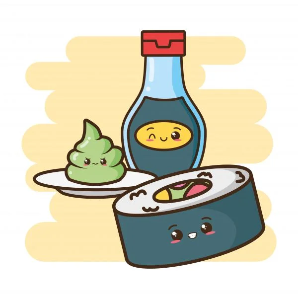 Цветной вариант раскраски суши, роллы, соевый соус, васаби. японская кухня кавай