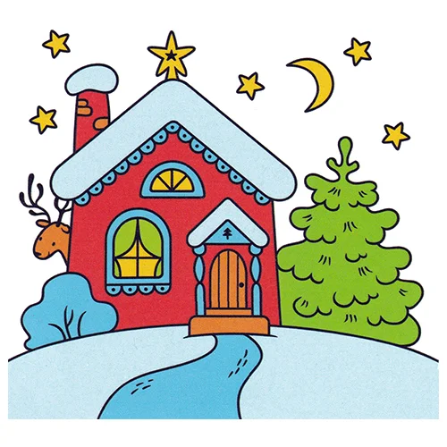 Цветной вариант раскраски зимний домик в лесу