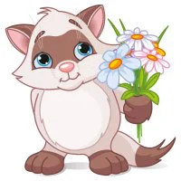Цветной вариант раскраски котенок с букетом цветов