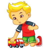 Цветной вариант раскраски мальчик играет в машинки