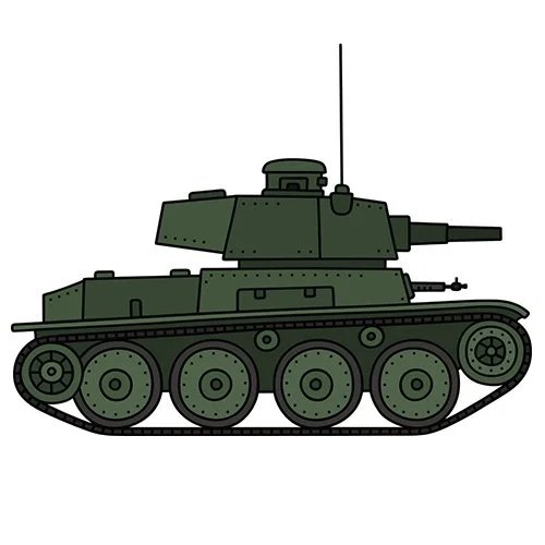 Цветной вариант раскраски маленький военный танк