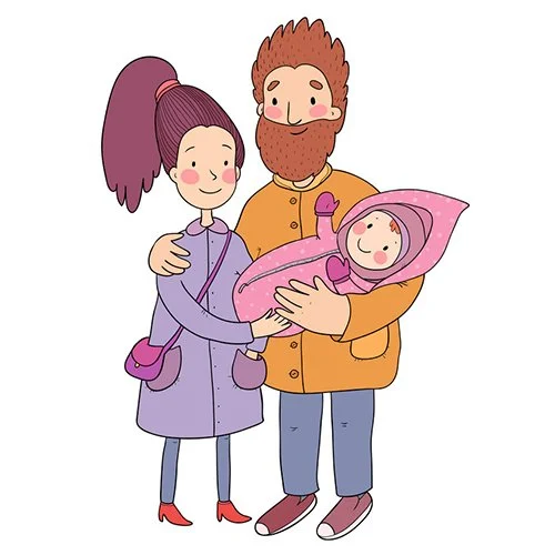 Цветной вариант раскраски молодая семья с грудничком