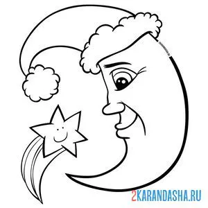 Раскраска луна в новогодней шапке