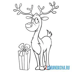 Раскраска олень санты с подарком