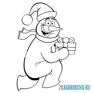 Раскраска снеговик с подарком