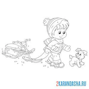 Раскраска зимние забавы мальчик и снегокат