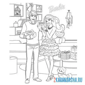 Раскраска barbie с кеном в новогоднюю ночь