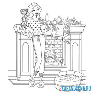 Раскраска барби у рождественского камина