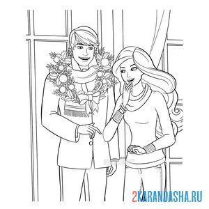 Раскраска барби с кеном в новый год