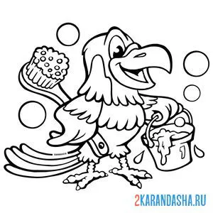 Раскраска забавный попугай с щеткой