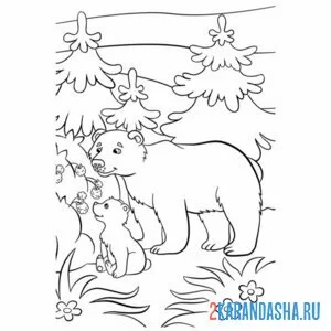 Раскраска мама медведь учит малыша есть