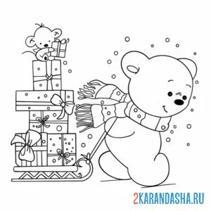 Раскраска мишка и подарки