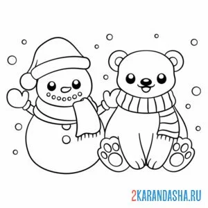 Раскраска медведь и снеговик