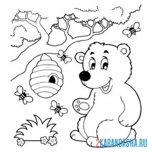 Раскраска улей с пчелами и медведь