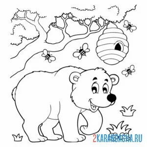 Раскраска медведь и пчелиный улей