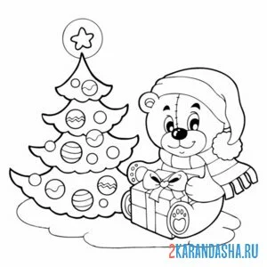 Раскраска мишка у новогодней елки
