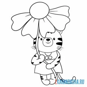 Раскраска тигр под цветочком
