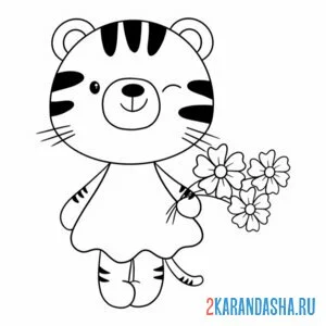 Раскраска тигрица с цветами