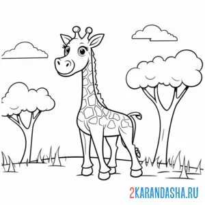 Раскраска жираф около дерева