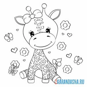 Раскраска жираф с цветочками