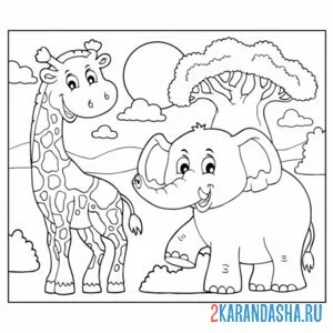 Раскраска жираф и слон