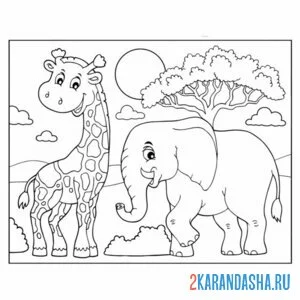 Раскраска слон и жираф