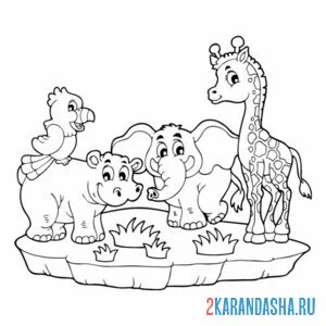 Раскраска жираф, слон, бегемот и попугай