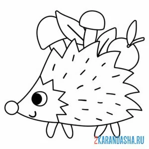 Раскраска ежик несет грибы и яблоки