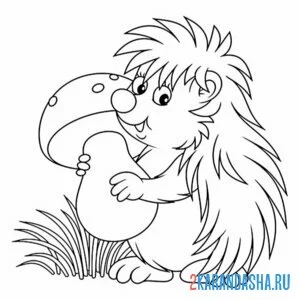 Раскраска довольный ежик с грибом