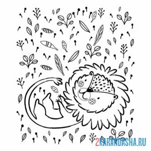 Раскраска лев играет с хвостом
