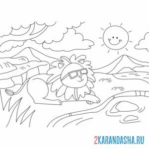 Раскраска лев греется на солнышке