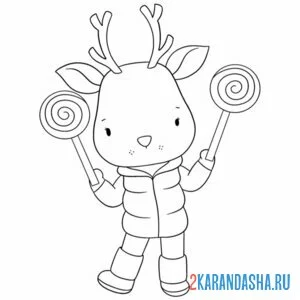 Раскраска олень с леденцами