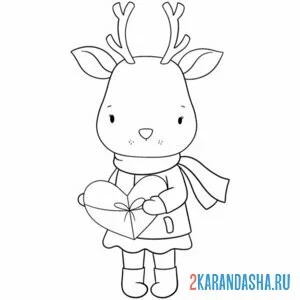 Раскраска олень девочка и сердце
