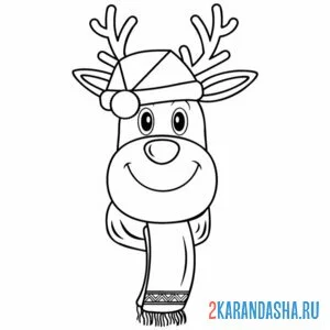 Раскраска голова новогоднего оленя в шарфе