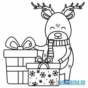 Раскраска олень и два подарка