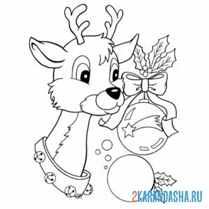 Раскраска олень и новогодние игрушки