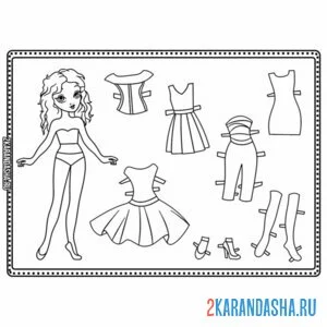 Раскраска кукла из бумаги для вырезания с одеждой