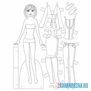 Раскраска кукла из бумаги для вырезания с одеждой наряды